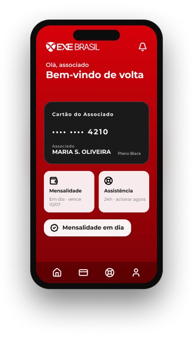 App do Associado Exe Brasil, com mensalidade, cartão virtual e assistência 24h