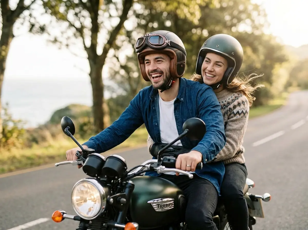 Casal andando de moto protegido pela Exe Brasil